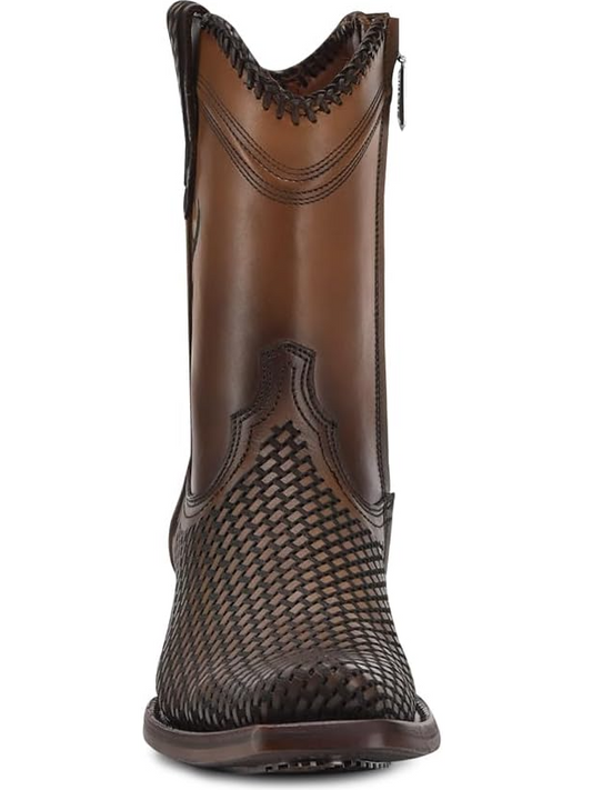 Men's Woven Texture Side Zipper Genuine Leather Boots