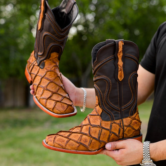 Men's Retro Square Toe Fish Leather Boots