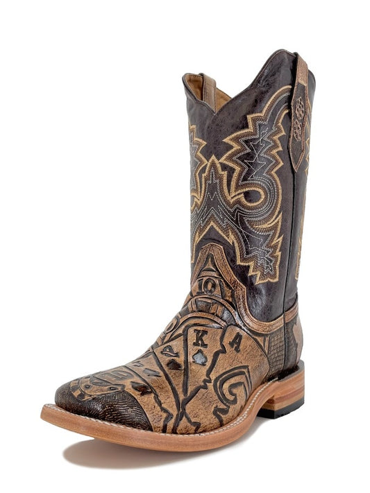 Men's Square Toe Hand-carved Poker-themed Western Boots