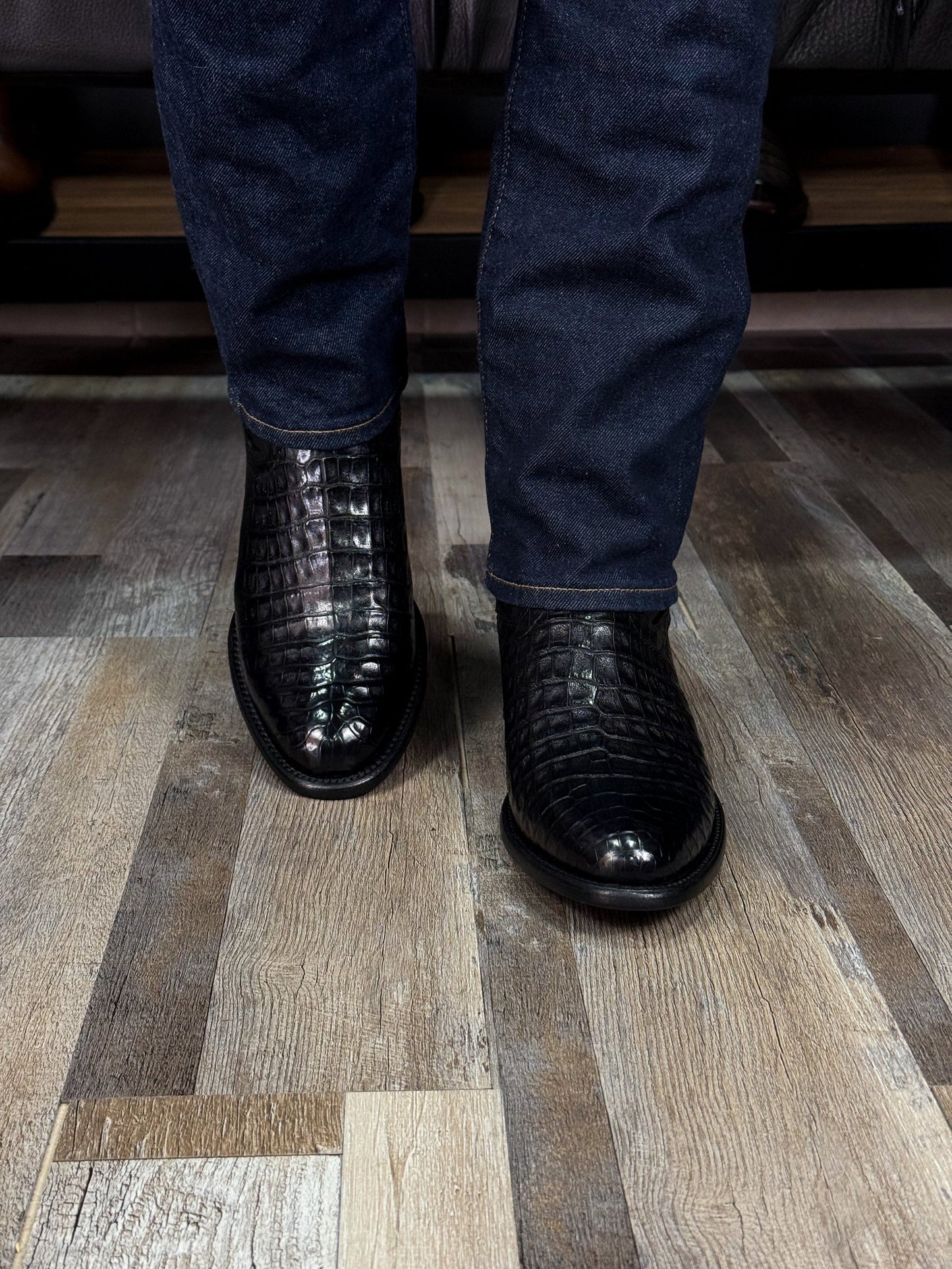 Men's Crocodile-textured Leather Boots With Side Zipper