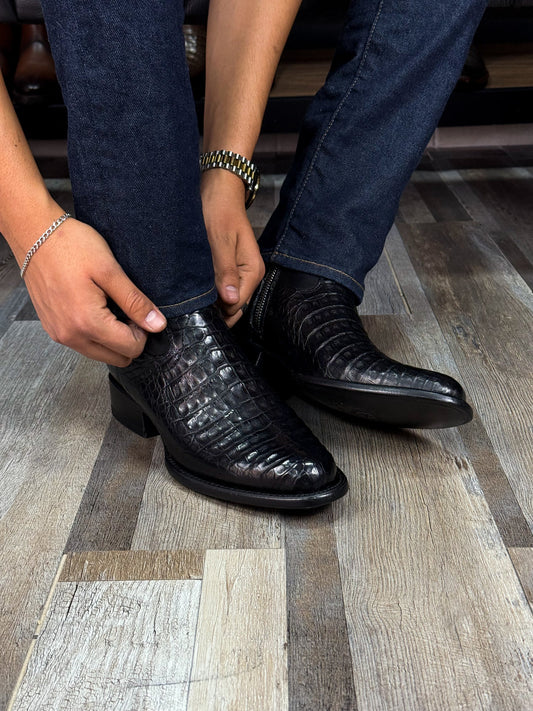 Men's Crocodile-textured Leather Boots With Side Zipper