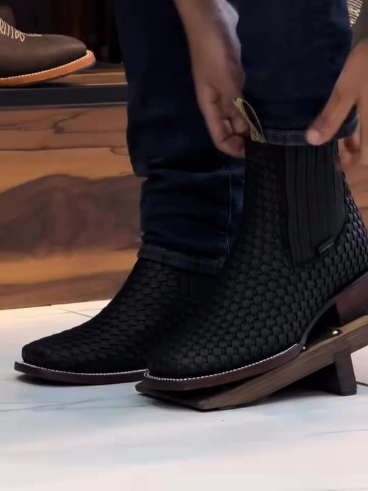 Men's Hand Woven Square-toe Ankle Boots